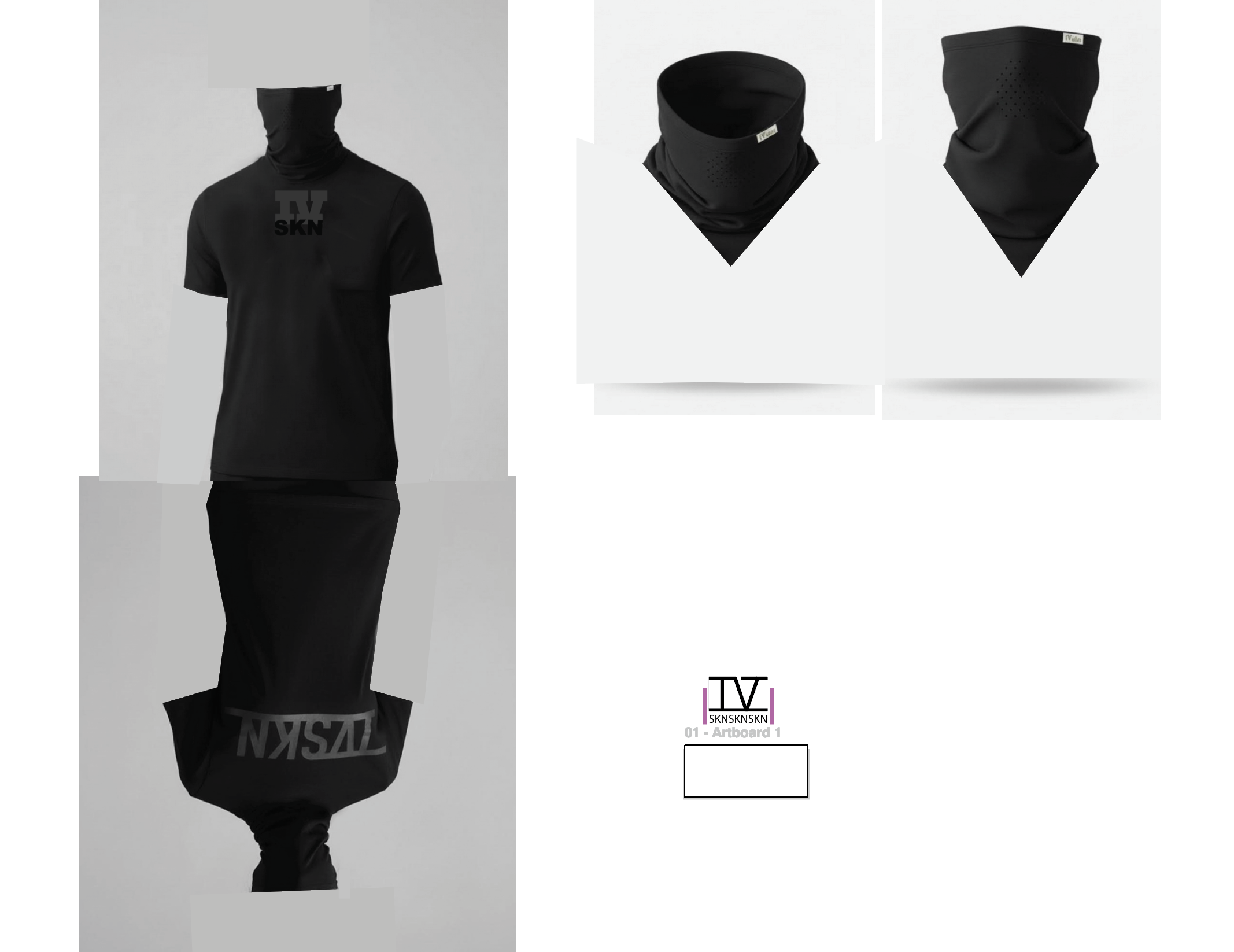 Black clothing items including a short-sleeve T-shirt, a neck gaiter, and a face mask displayed on a white background. The T-shirt has a logo with the letters 'IV' and 'SKN' on the chest. The neck gaiter and face mask are plain black with small perforations. There is also a black skirt or long pants with text on the waistband that reads 'VSKN' and 'IV' and a small label on the face mask.