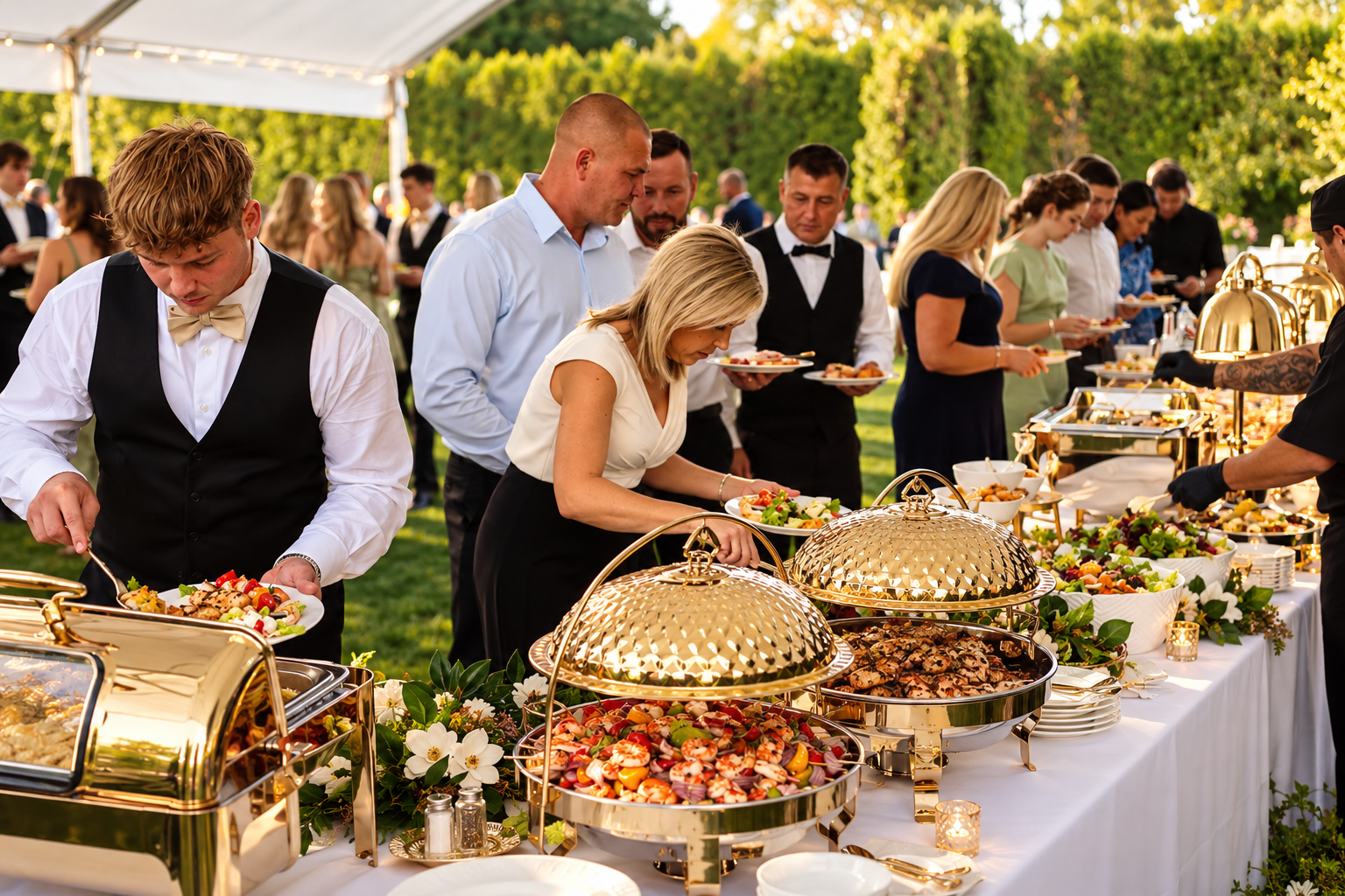 Guests at a buffet table outdoors, serving themselves food at an event or celebration.