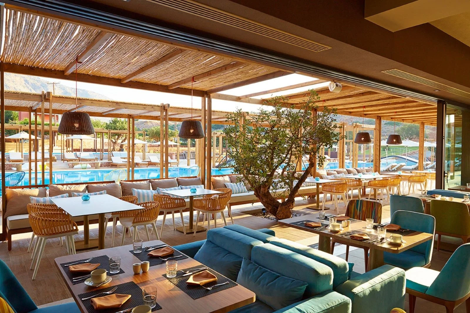 Interior of a restaurant or cafe overlooking a pool, with tables set with tableware, a tree growing inside, and large windows letting in natural light.