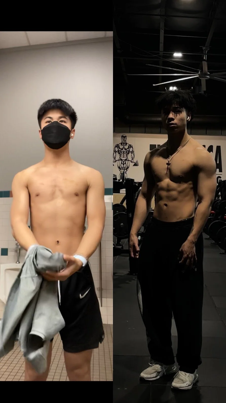 Split-screen photo of two shirtless men in gym settings; the left man is wearing a black mask and black shorts, the right man has dark hair and is standing in a gym with black walls, weightlifting equipment, and muscular build.