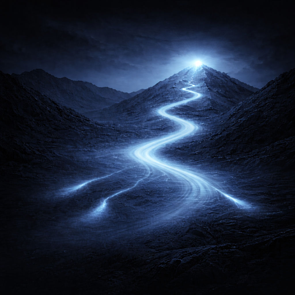 A dark mountainous landscape under a night sky with a glowing mountain peak and a bright light at the summit. A winding, luminous road of light ascends the mountain.