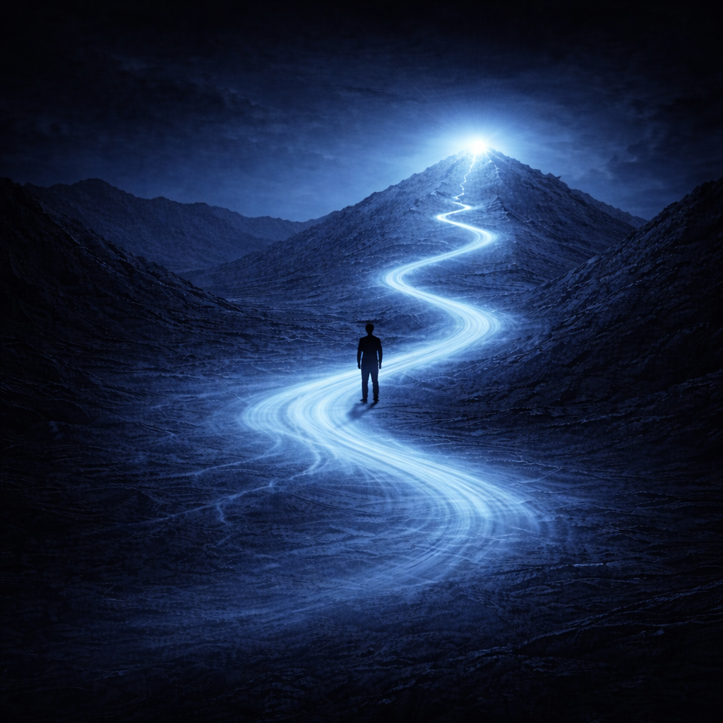 A silhouette of a person walking on a glowing, winding path that leads up to a bright, shining mountain peak at night.