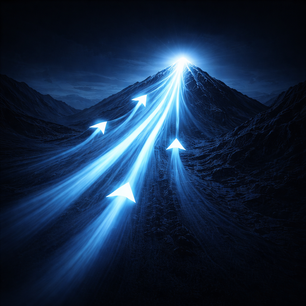 A digitally illustrated mountain with glowing white beams leading upward to the summit, which emits bright light, and several glowing arrows following the beams.