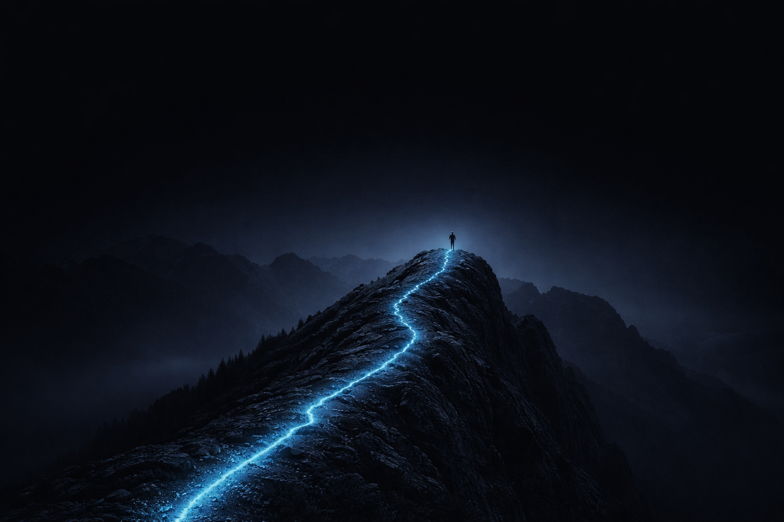 A person standing on a mountain summit illuminated by blue lightning running along a trail, with dark mountain range in the background.