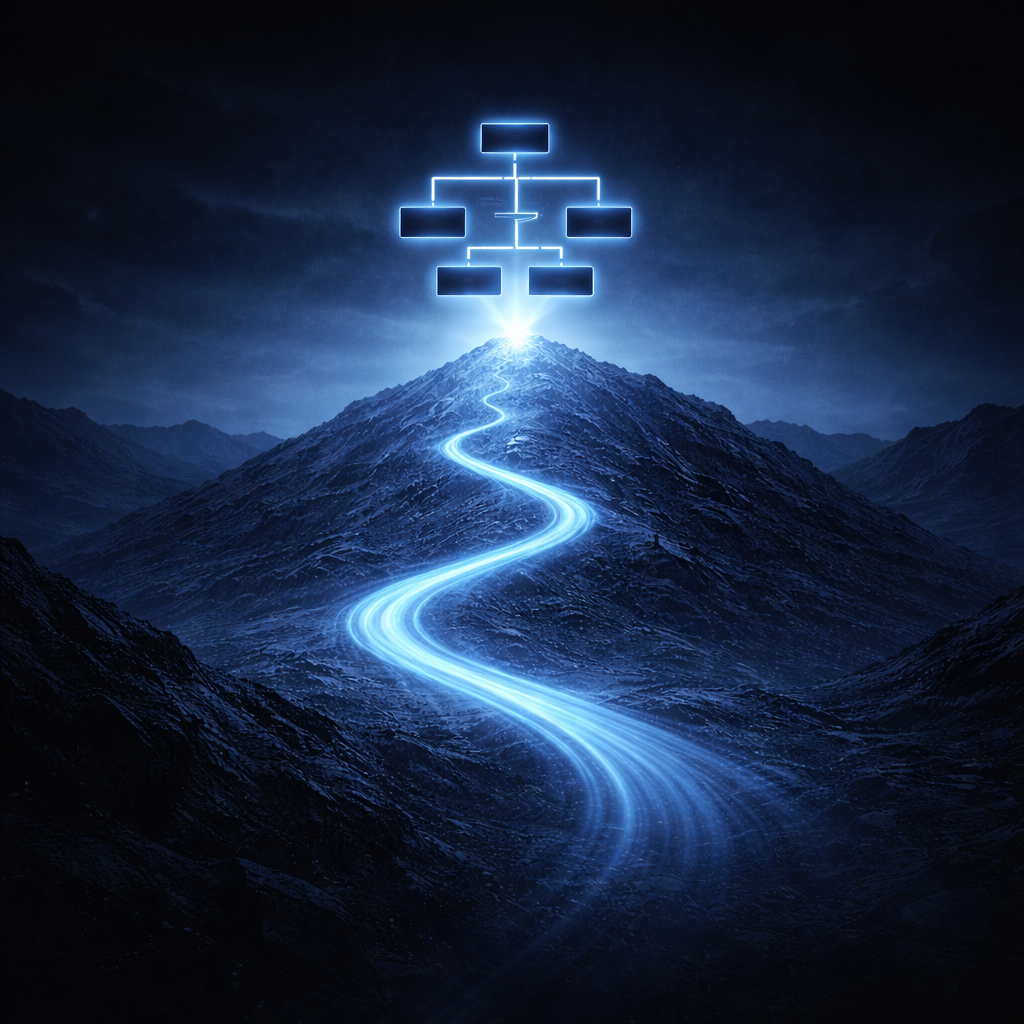 Mountain landscape at night with a glowing blue light trail leading to a digital flowchart icon above the peak.