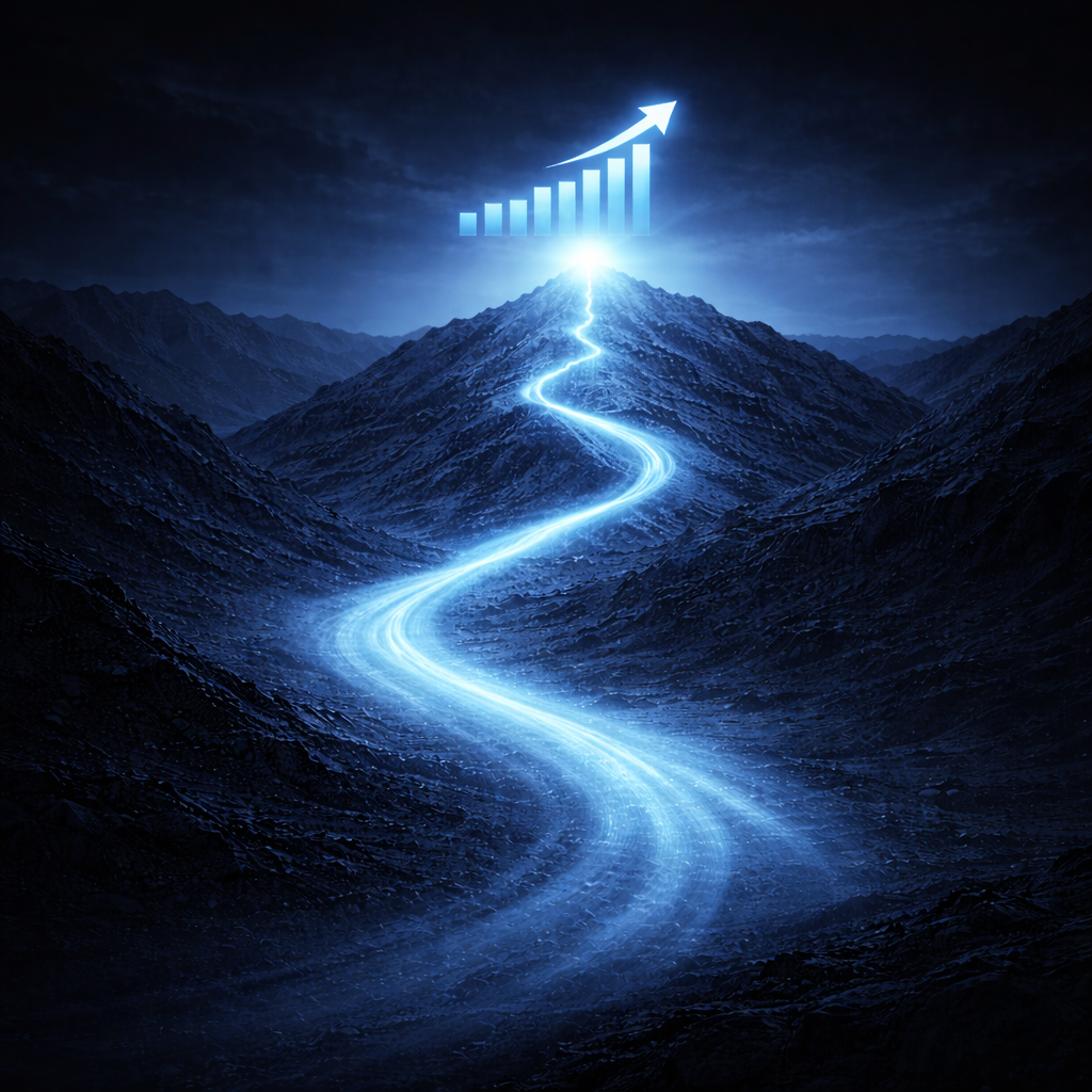 A winding, glowing blue road leading up a mountain at night with a rising bar graph and upward arrow glowing in the sky.