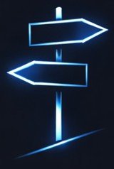 Neon signs with two horizontal arrows pointing right and left on a dark background.