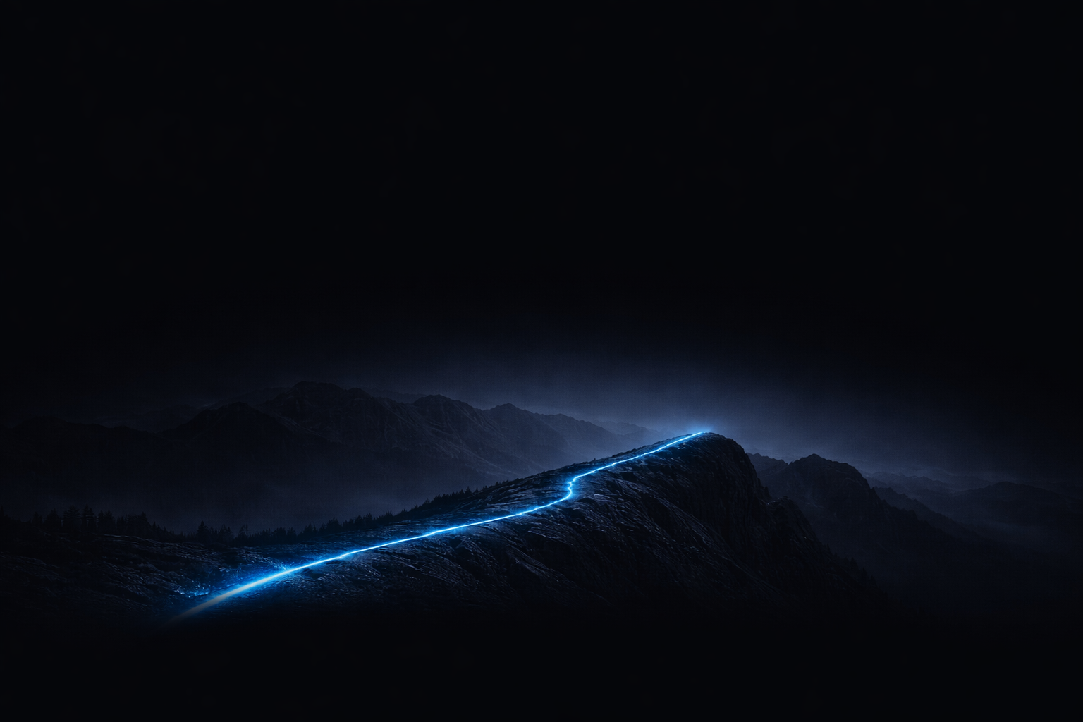 Nighttime mountain landscape with a bright blue lightning streak crossing a ridge
