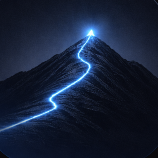 A mountain with a lightning bolt running up its peak in a dark sky.