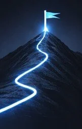 A glowing white path leading up a mountain to a flag at the peak under a dark sky.  The flag represents improved performance, organizational accountability and profitability growth.