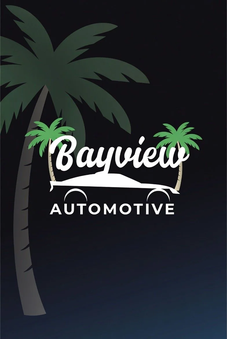 Logo for Bayview Automotive featuring palm trees and a silhouette of a car.