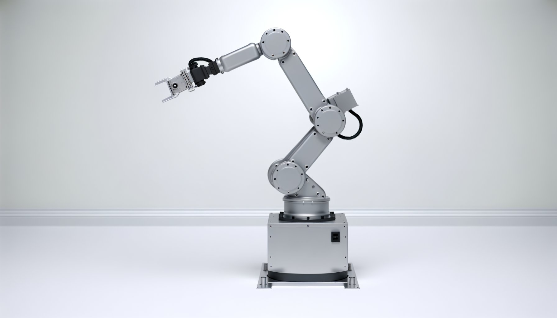 A silver industrial robotic arm with multiple joints and a gripper at the end, positioned upright against a plain light gray background.