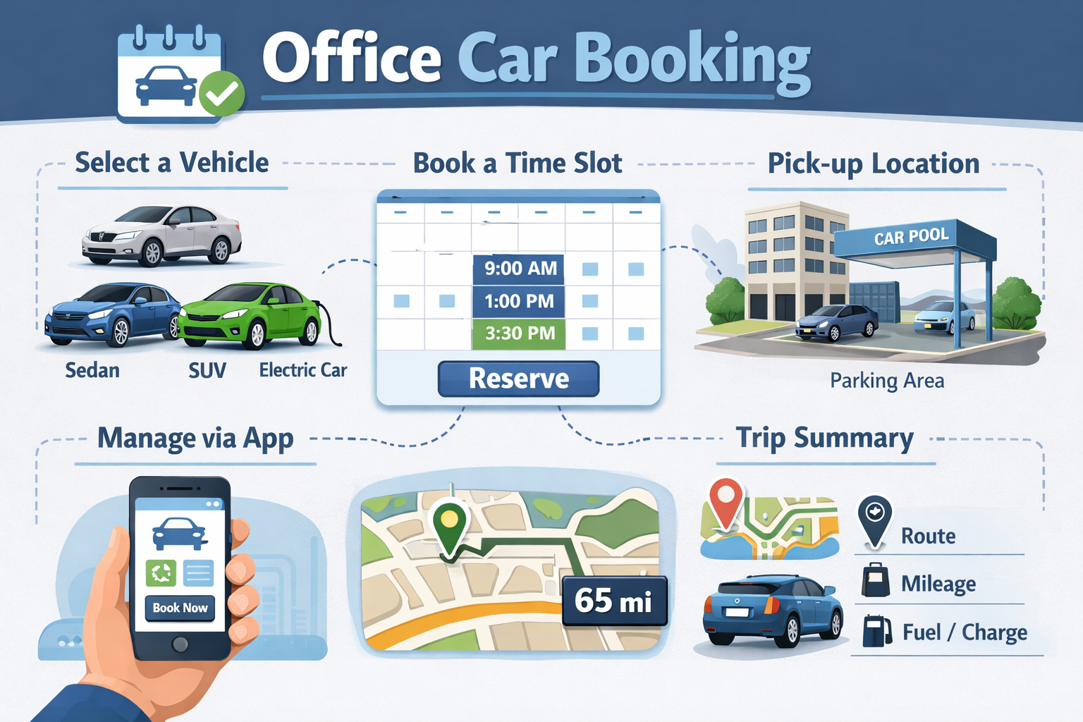 An infographic illustrating office car booking process, including vehicle selection with images of a sedan, SUV, and electric car; booking a time slot with options at 9:00 AM, 1:00 PM, and 3:30 PM; picking up at a parking lot near an office building; managing the booking via a smartphone app with a 'Book Now' button; trip summary showing route, mileage at 65 miles, and fuel or charge information.