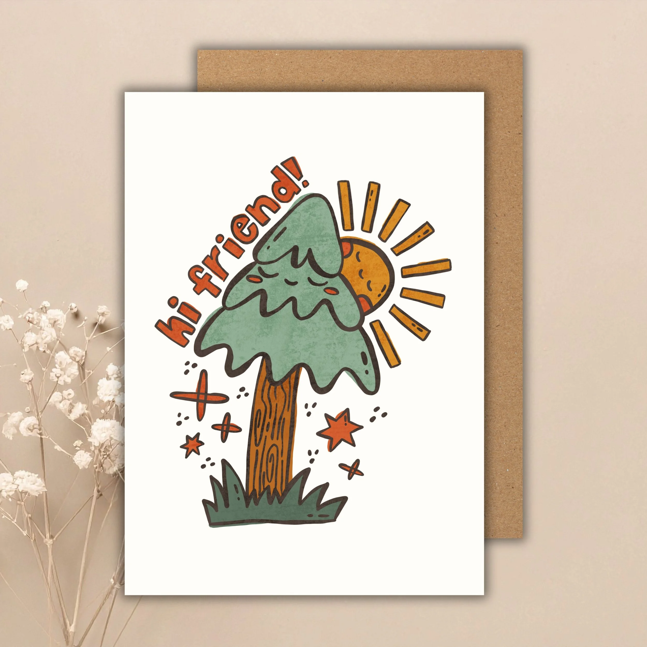 Hi Friend Card | Tree and Sun Illustration