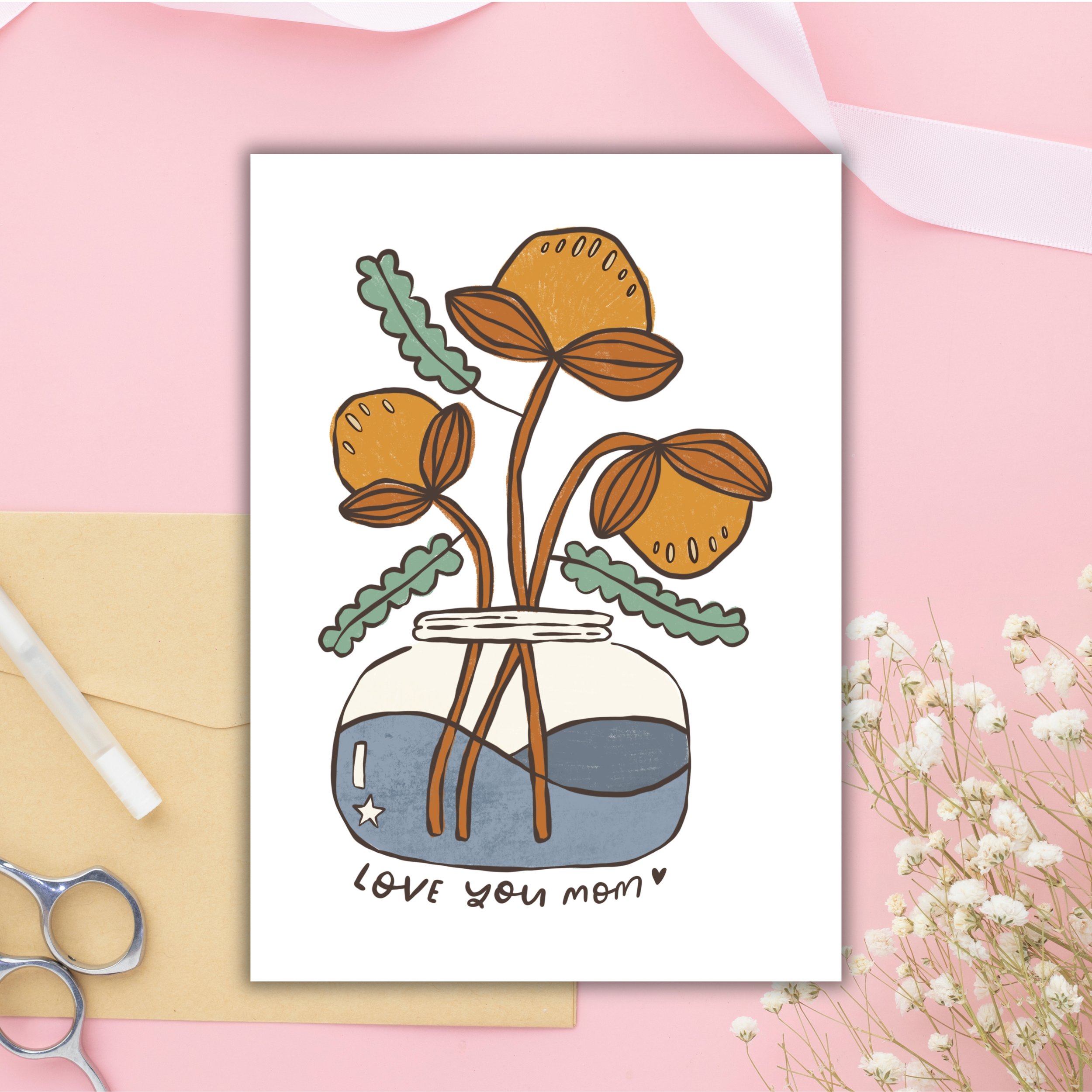 Love You Mom Card | Floral Jar Illustration