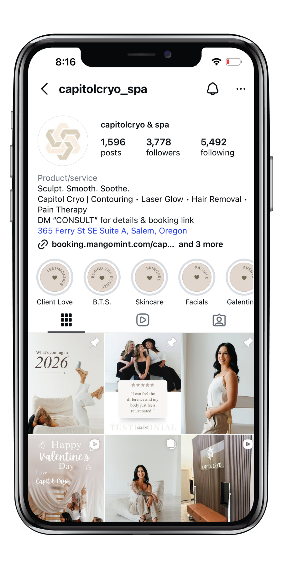 Instagram profile page for Capitol Cryo & Spa, a skincare and cryotherapy business in Salem, Oregon, showing posts, highlights, and contact information.