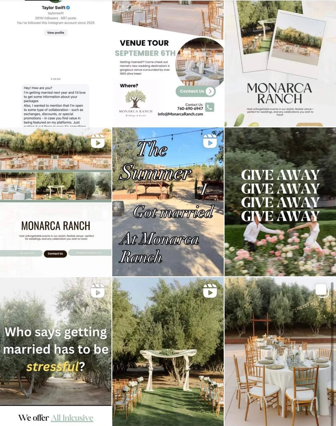 Collage of images and text promoting Monarca Ranch wedding venue, featuring outdoor tables, chairs, greenery, trees, and wedding setup, with promotional messages about a venue tour, love, and giveaways.