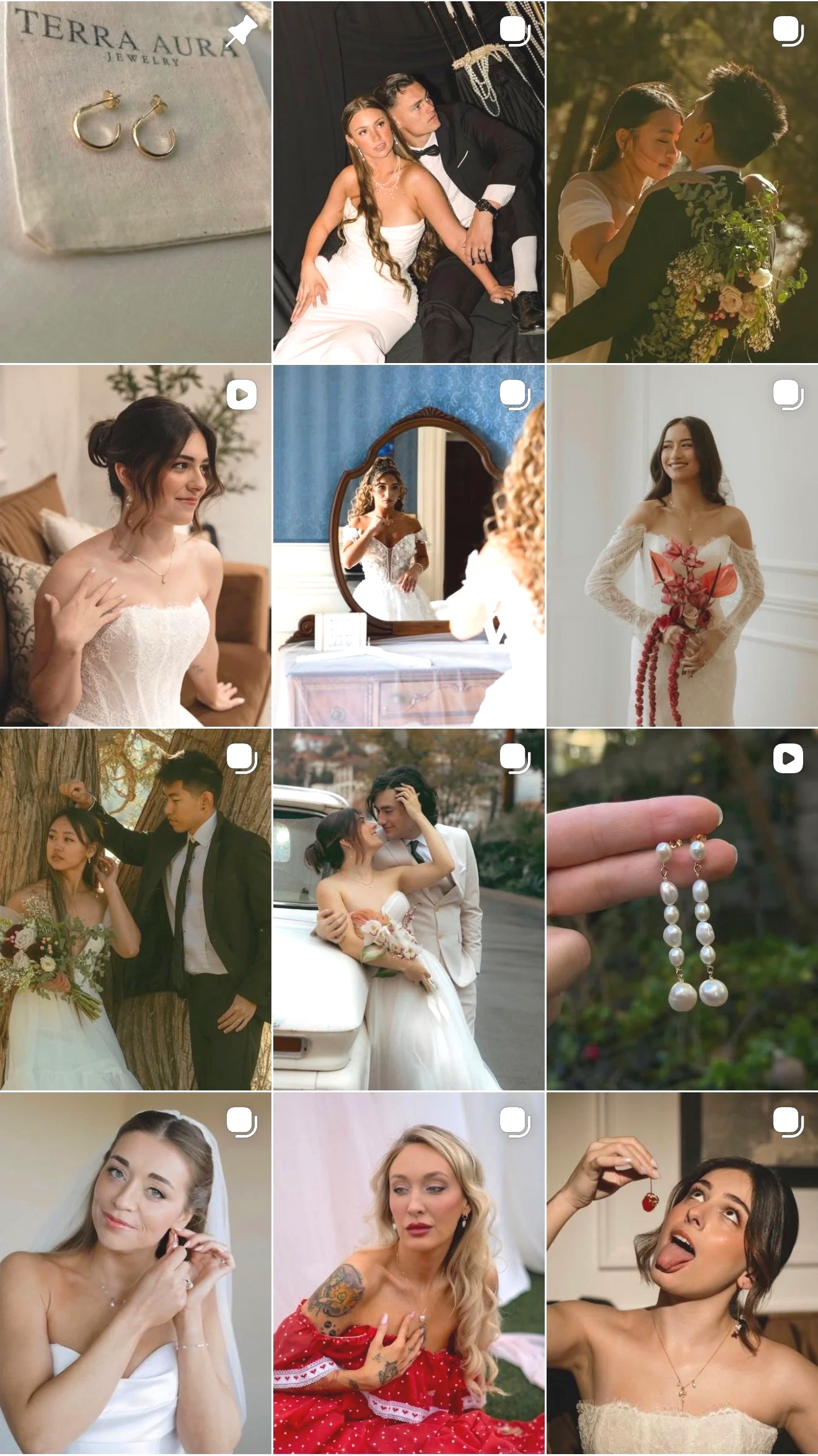 A collage of wedding and engagement photos, including wedding rings, bride and groom, couples, and jewelry.
