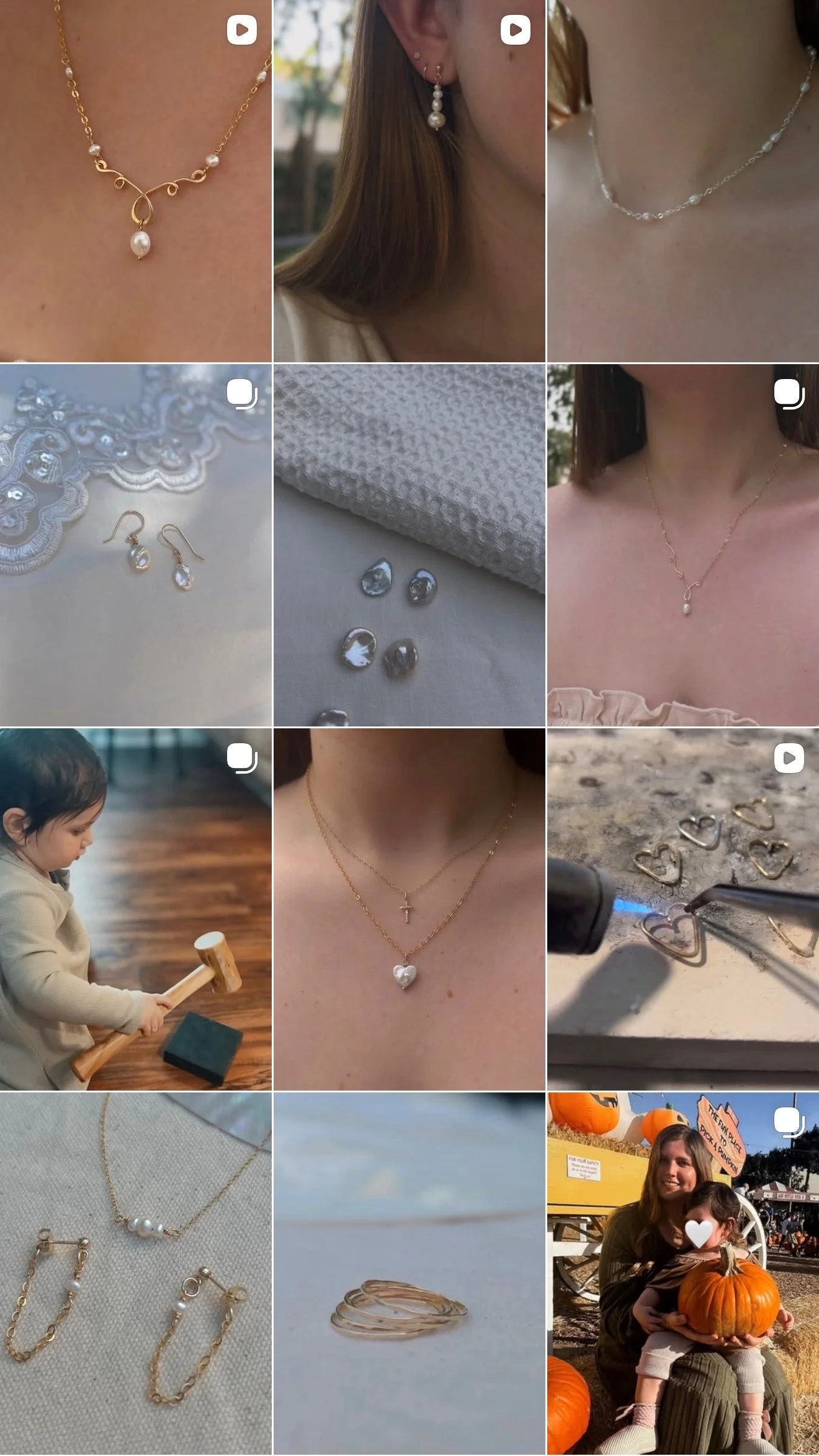 A collage of jewelry and crafts, including gold and silver necklaces and earrings with pearls and gemstones, a child playing with a hammer, a family photo at a pumpkin patch, and jewelry being crafted with a torch.