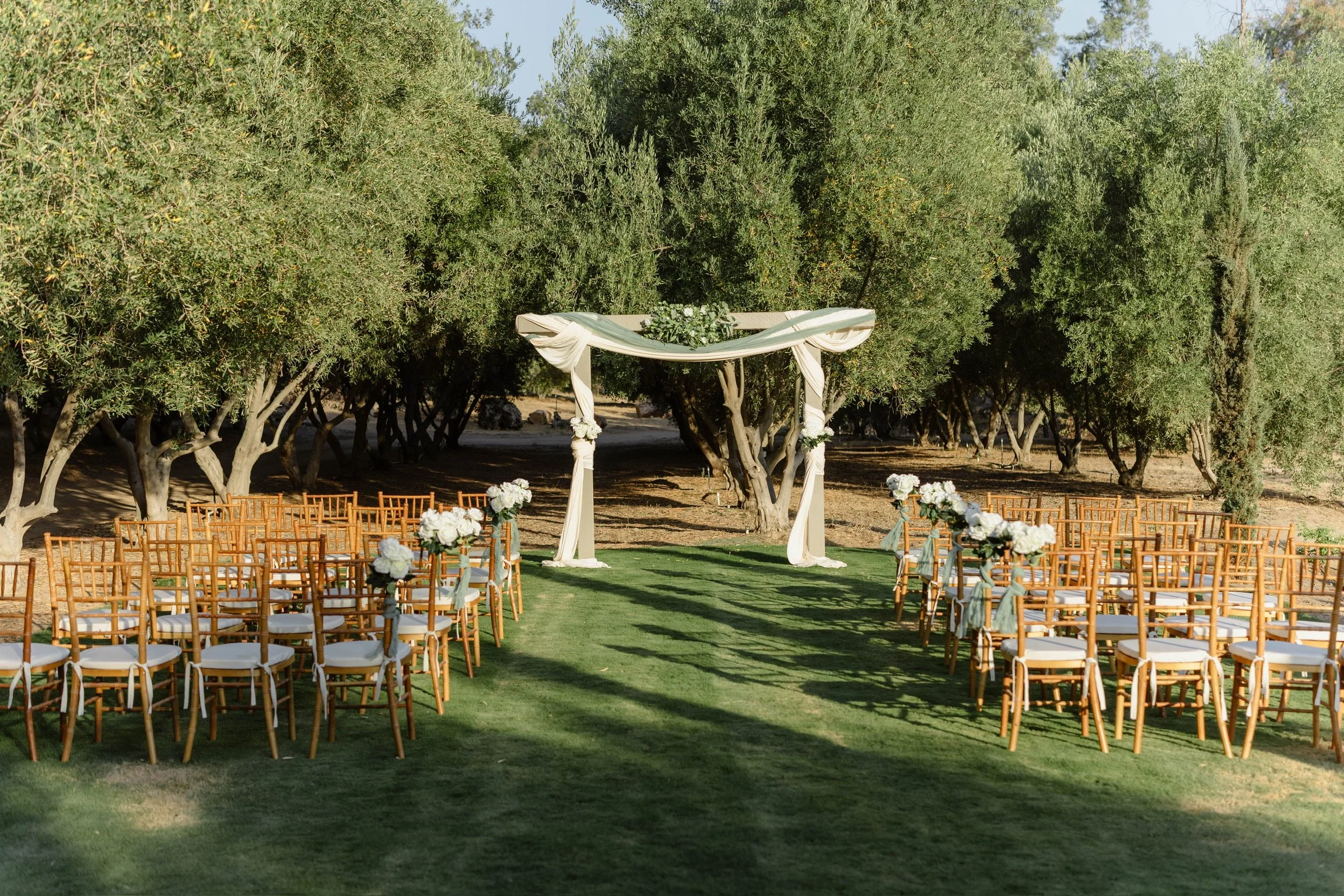 Outdoor wedding ceremony setup with rows of wooden chairs adorned with white flowers, facing a white draped arch with greenery, set on a grassy area surrounded by tall trees.