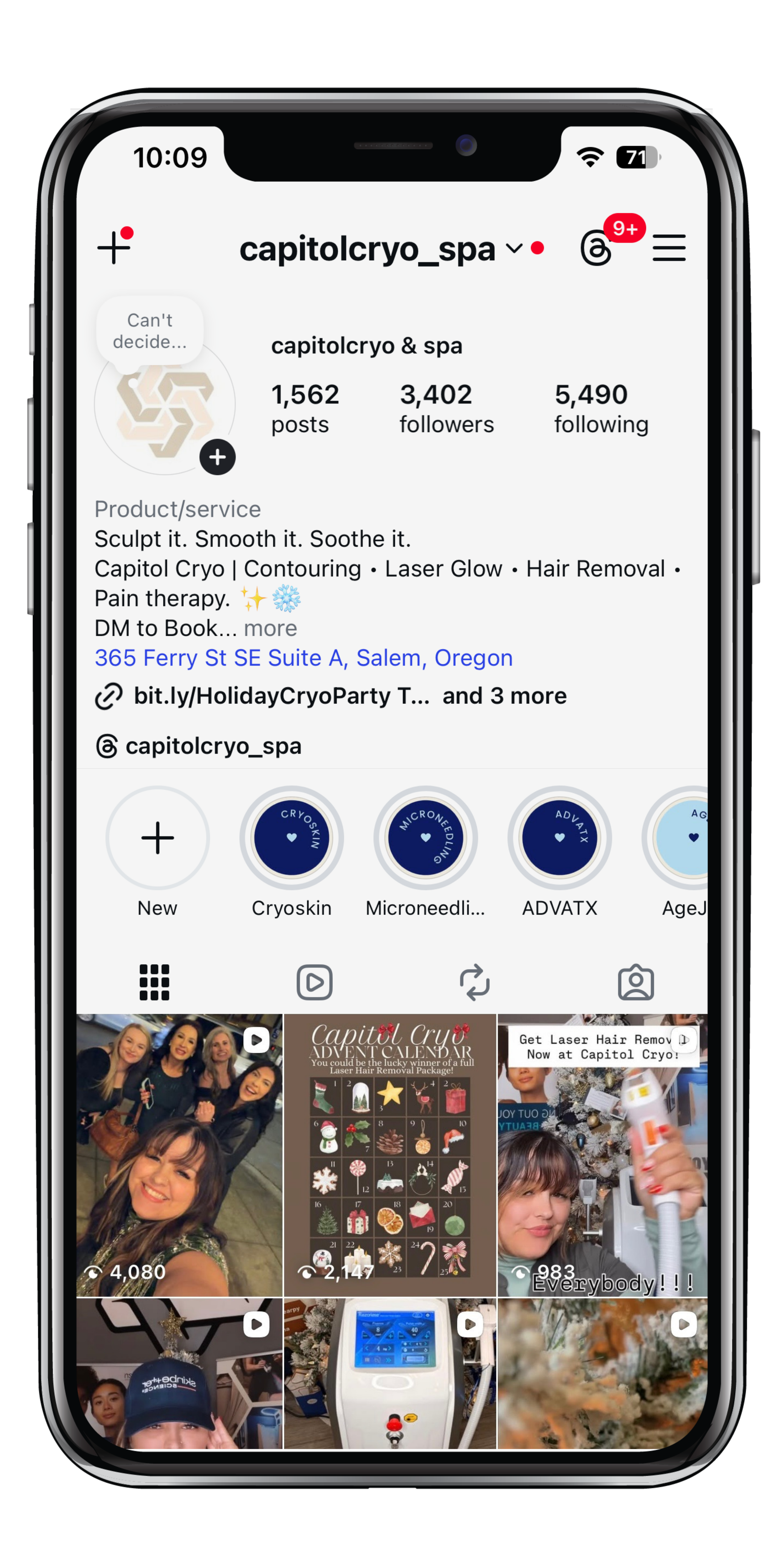 Screenshot of an Instagram profile page for capitolcryo_spa, a spa specializing in cryotherapy and related services, with photos of people and festive holiday images.