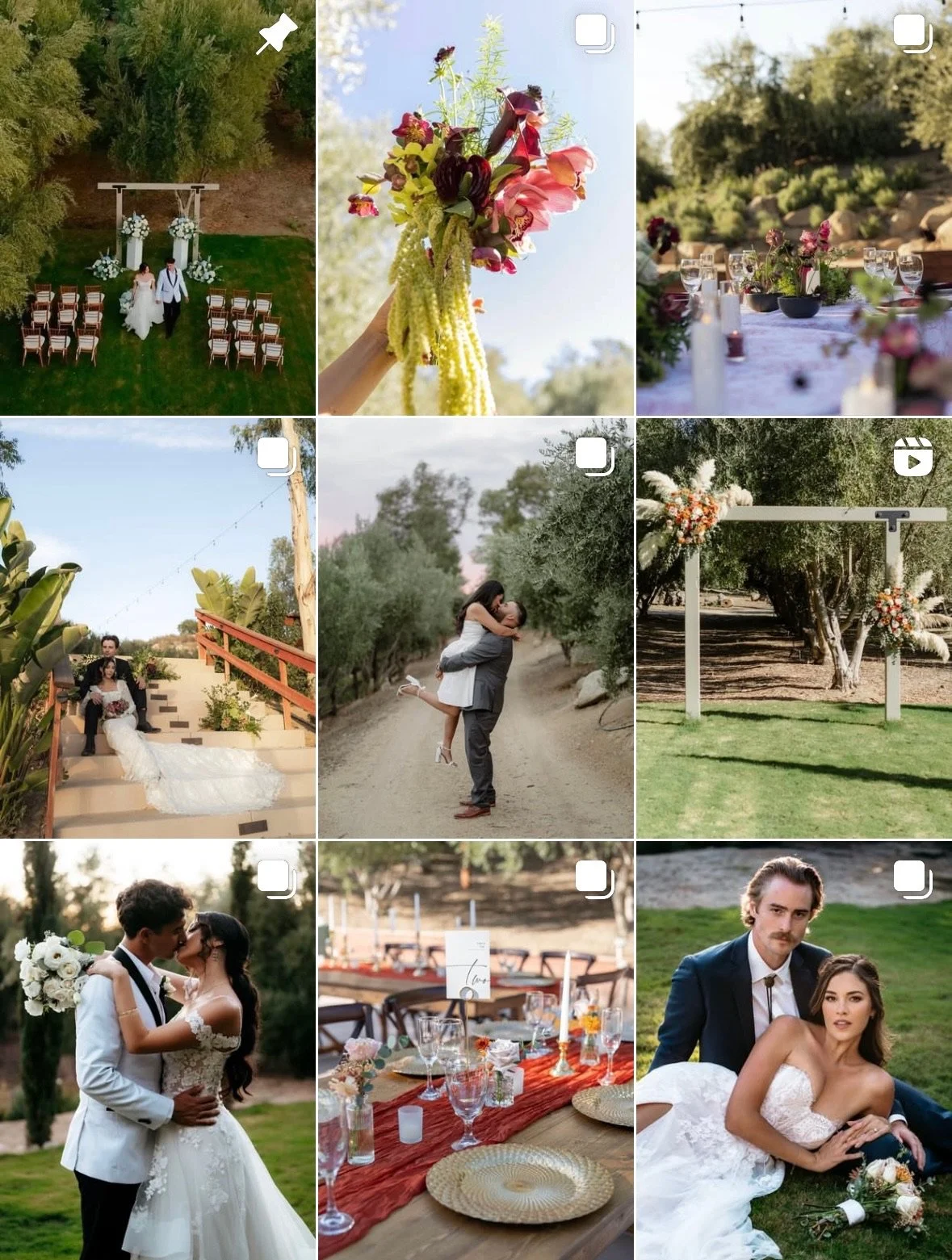 A collage of nine images depicting a wedding celebration outdoors, including ceremony setups, couples, a bouquet, reception tables, and romantic moments in natural settings.