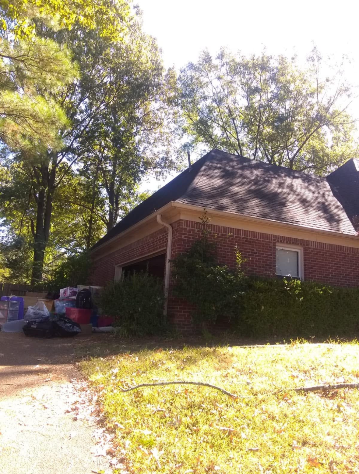A brick house with a sloped roof surrounded by tall trees with green leaves. There are various items and bags placed near the house, possibly for moving or storage. The photo is taken in bright daylight.