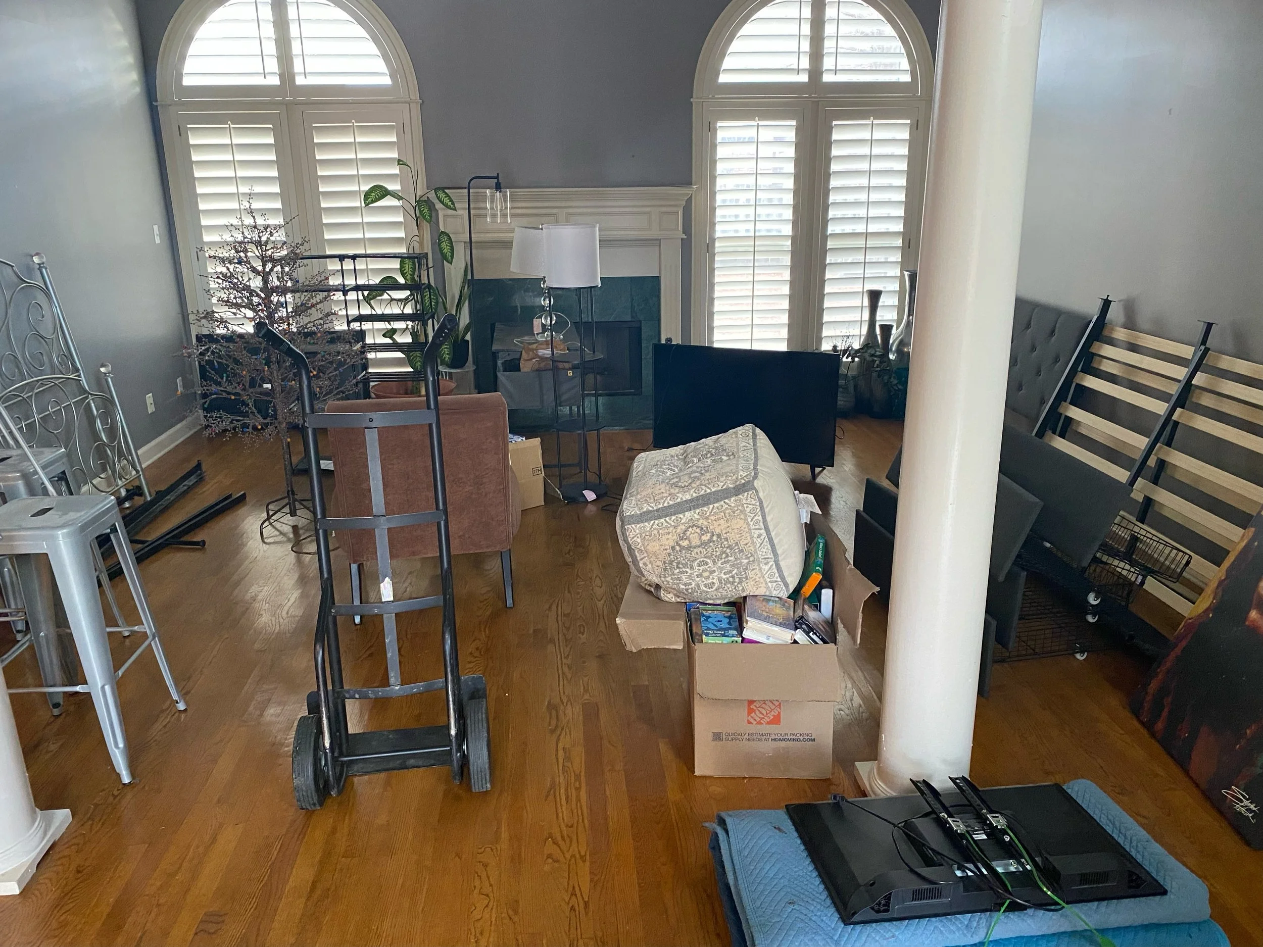 A cluttered living room with various furniture and boxes, including a small tree, a laptop, a box, a lamp, and multiple chairs, with large windows with shutters in the background.