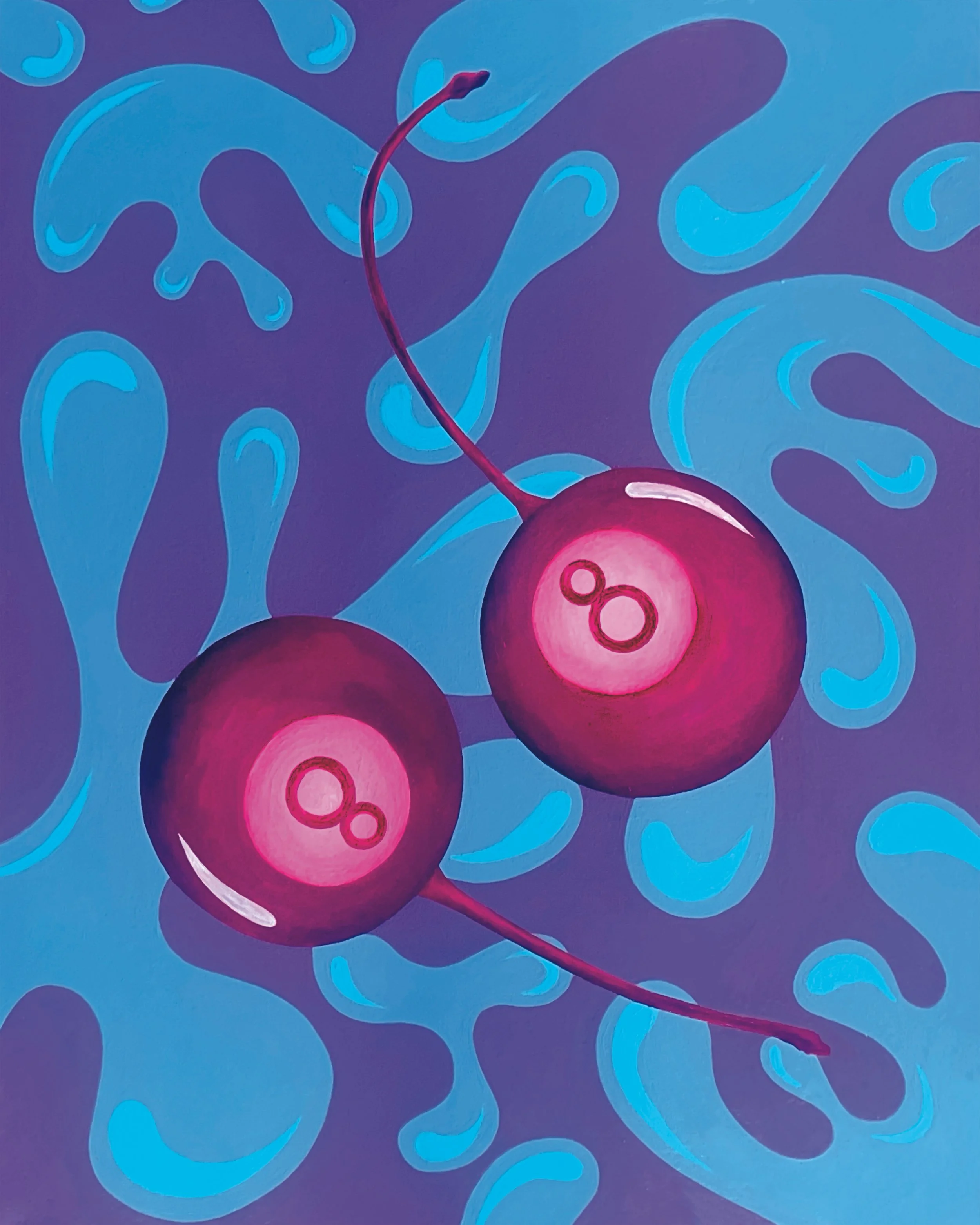 A stylized illustration of a cherry with a red stem and pink fruit, set against a blue background with swirling patterns.