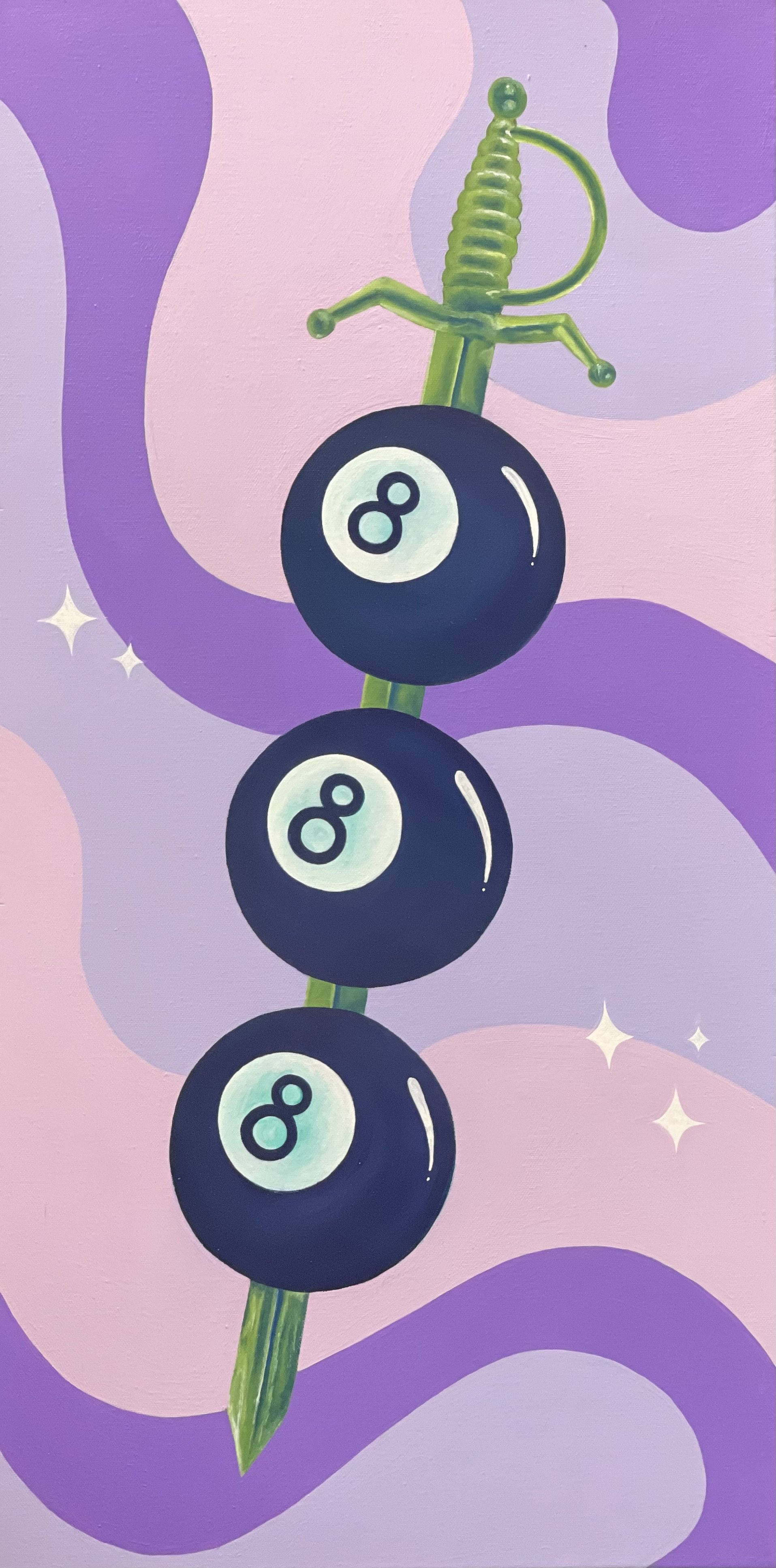 A colorful painting featuring a vertical line with three 8-ball pool balls and a green sword with a spiraled handle at the top, set against a background of purple and pink abstract shapes with star-like highlights.