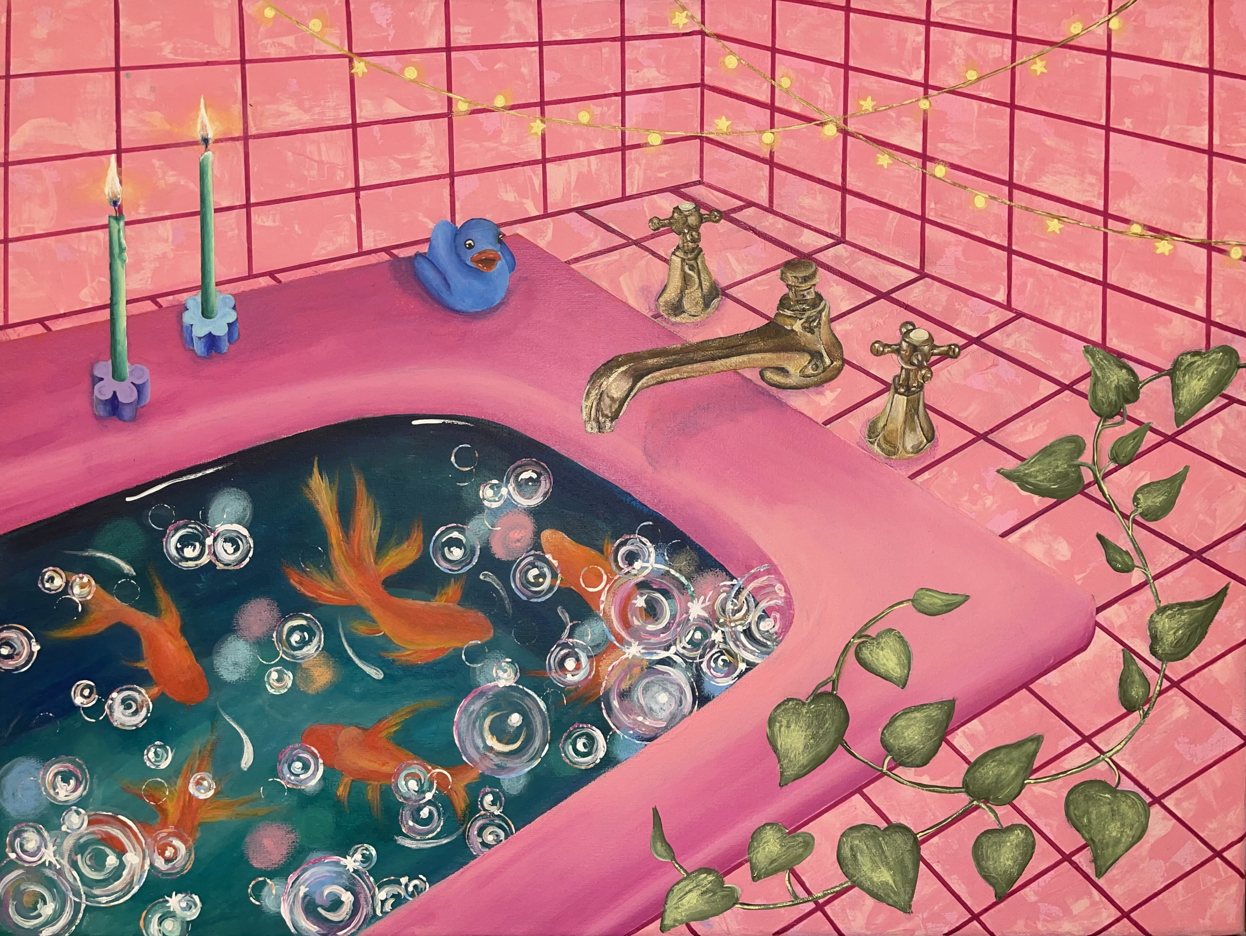 A pink tiled bathroom counter with two green candles in flower-shaped holders, a blue rubber duck, an old-fashioned brass faucet, and goldfish swimming. There is also a string of yellow star-shaped lights across the pink tiled wall and green vines.