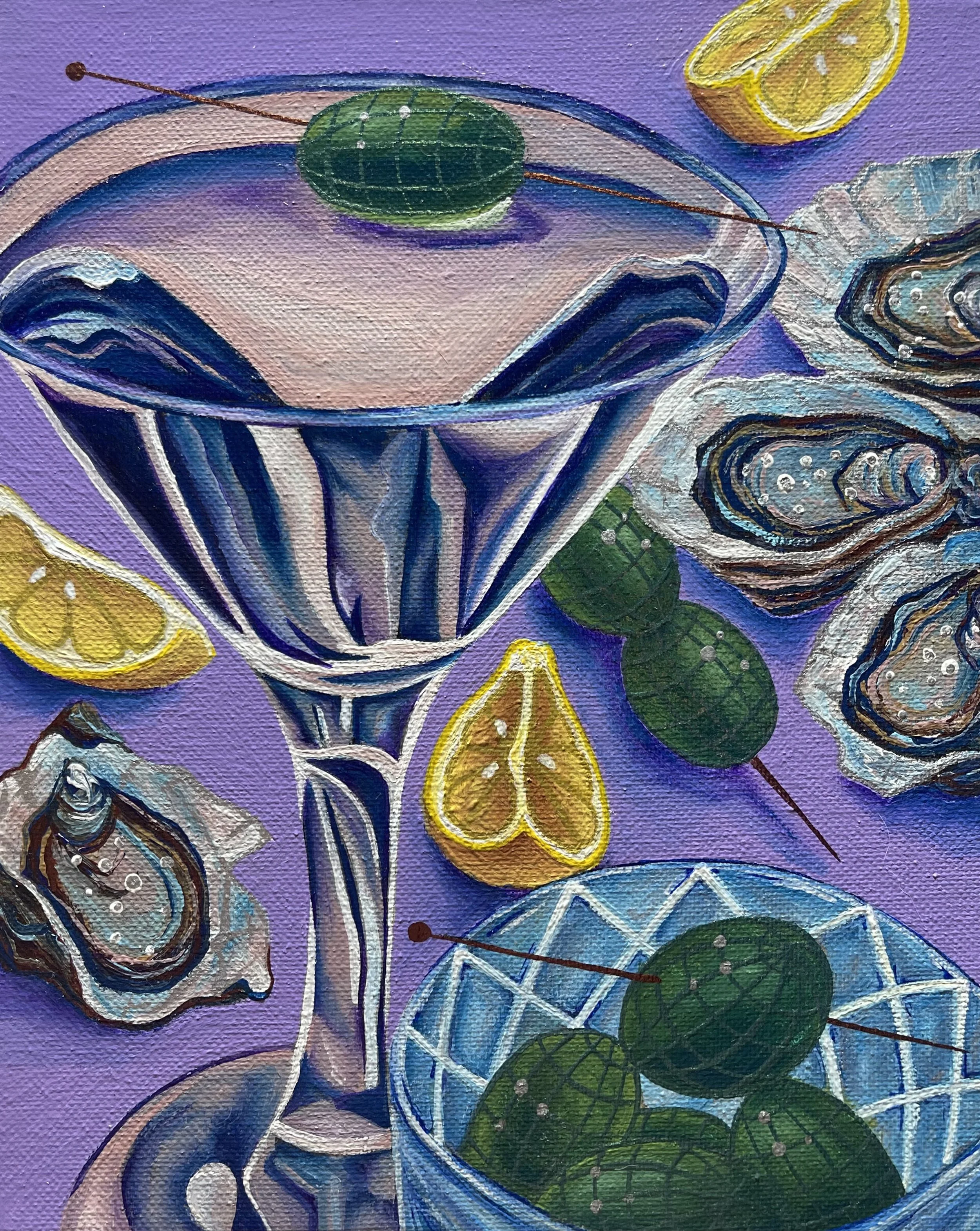 A colorful abstract painting featuring a martini glass with olives, lemon wedges, and oysters on a purple background.