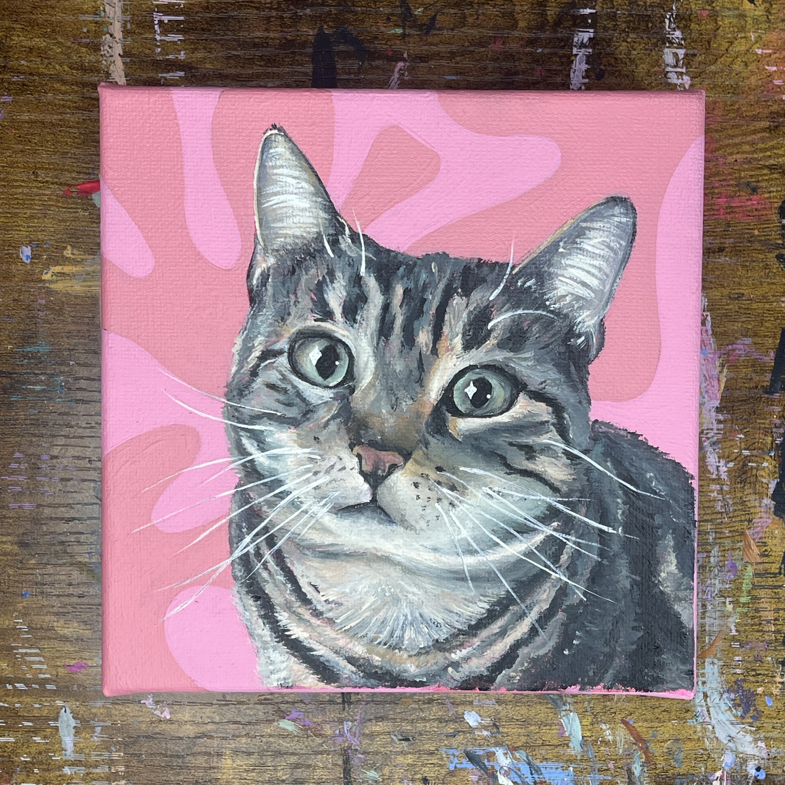 Painting of a cat's face on pink background, placed on a wooden surface.