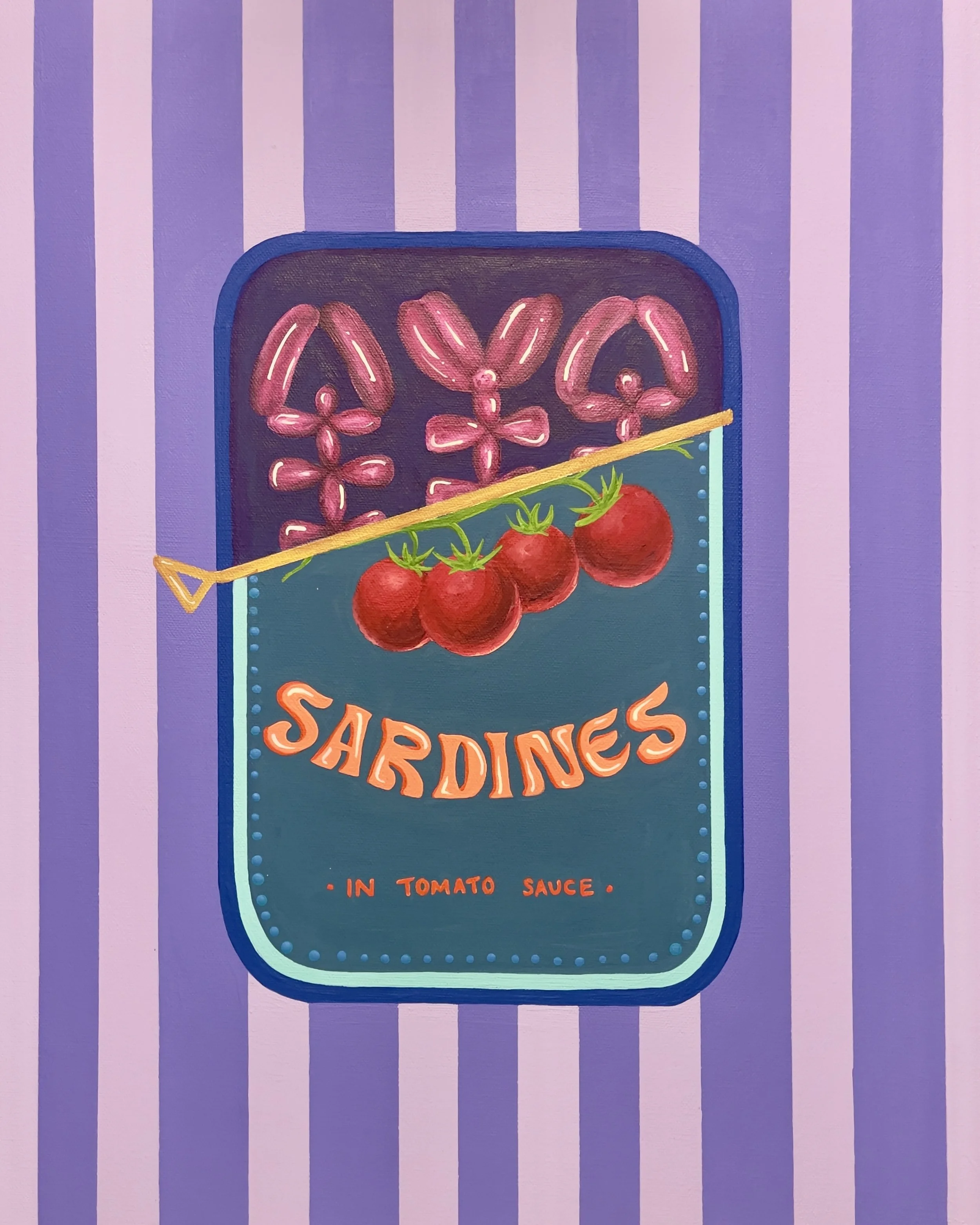 A colorful, vintage-style sign for balloon animal sardines in tomato sauce, with illustrations of tomatoes, set against purple and lavender striped background.