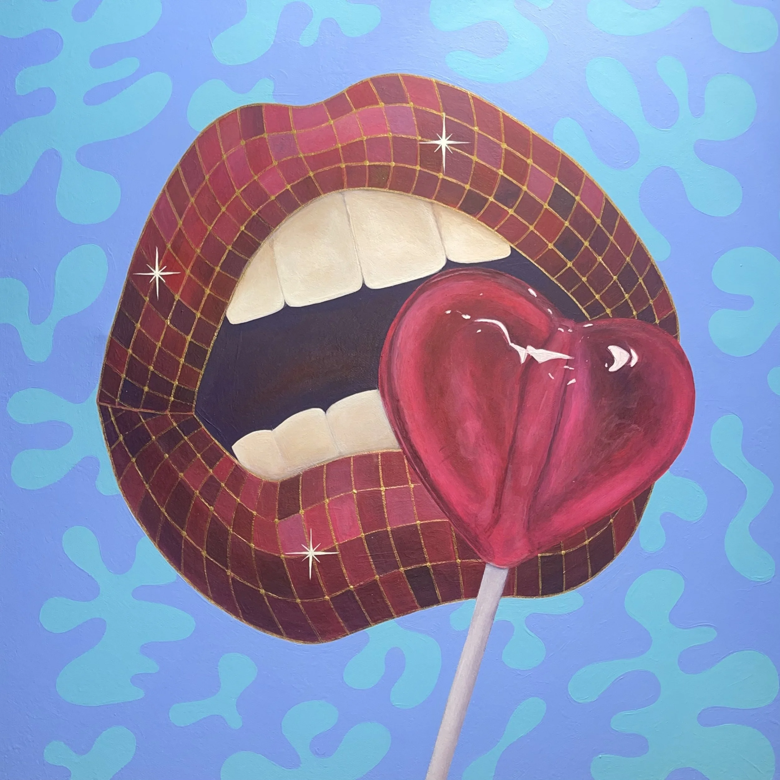Colorful, surreal painting of a disco mouth with a heart shaped lollipop, set against a blue background with light blue abstract shapes.