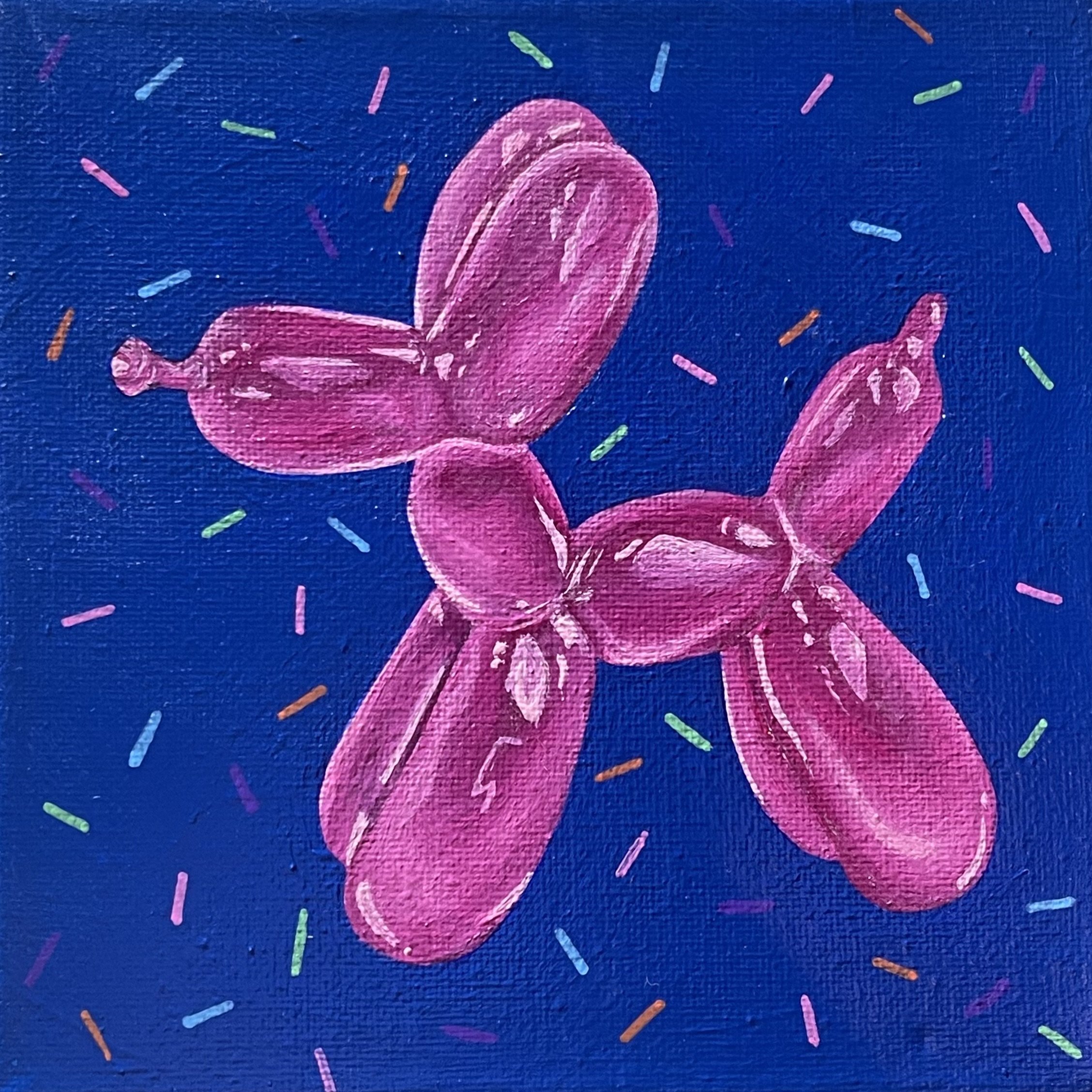 Pink balloon animal dog on a dark blue background, surrounded by colorful confetti.