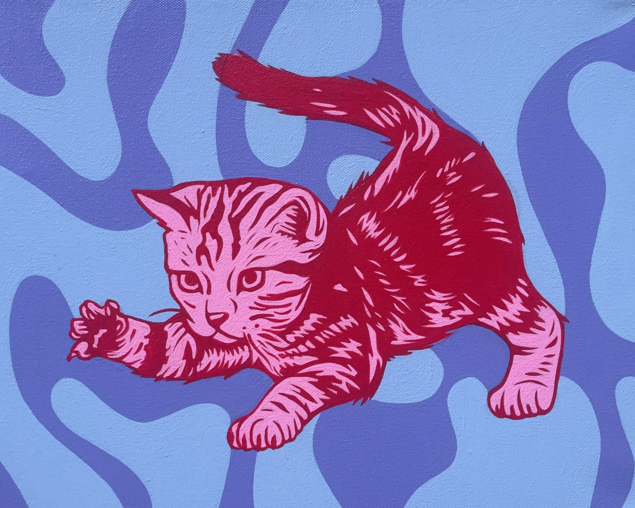 Stylized illustration of a pink cat with magenta stripes, set against a blue background with lighter blue irregular shapes.
