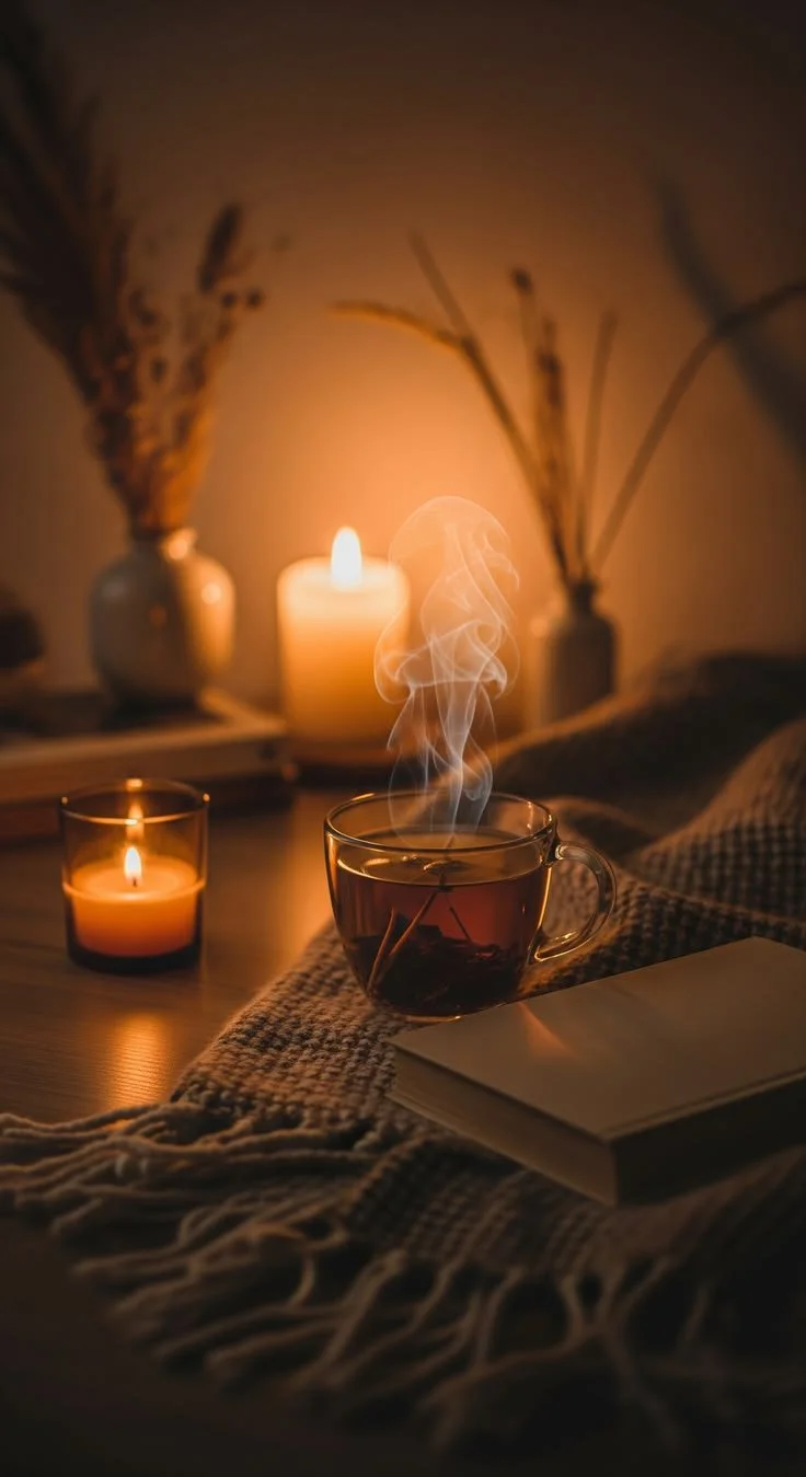 A cozy scene with a steaming cup of tea, lit candles, an open book, and decorative vases with dried flowers on a table.