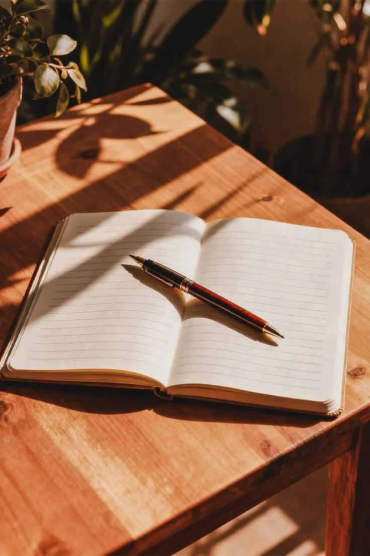 Open notebook with blank, lined pages and a fountain pen resting on top, placed on a wooden desk with warm sunlight and shadows from nearby plants.