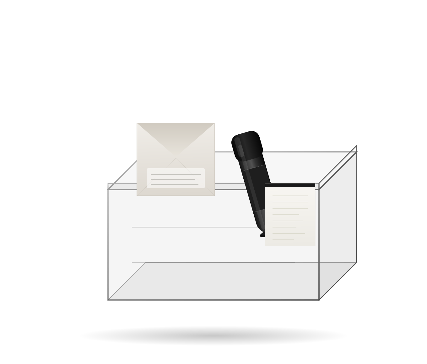 A digital illustration of a transparent display case containing a black marker and two pieces of paper, one yellow and one white, with lines on a dark background. At-home functional testing for metabolism and hormonal balance.