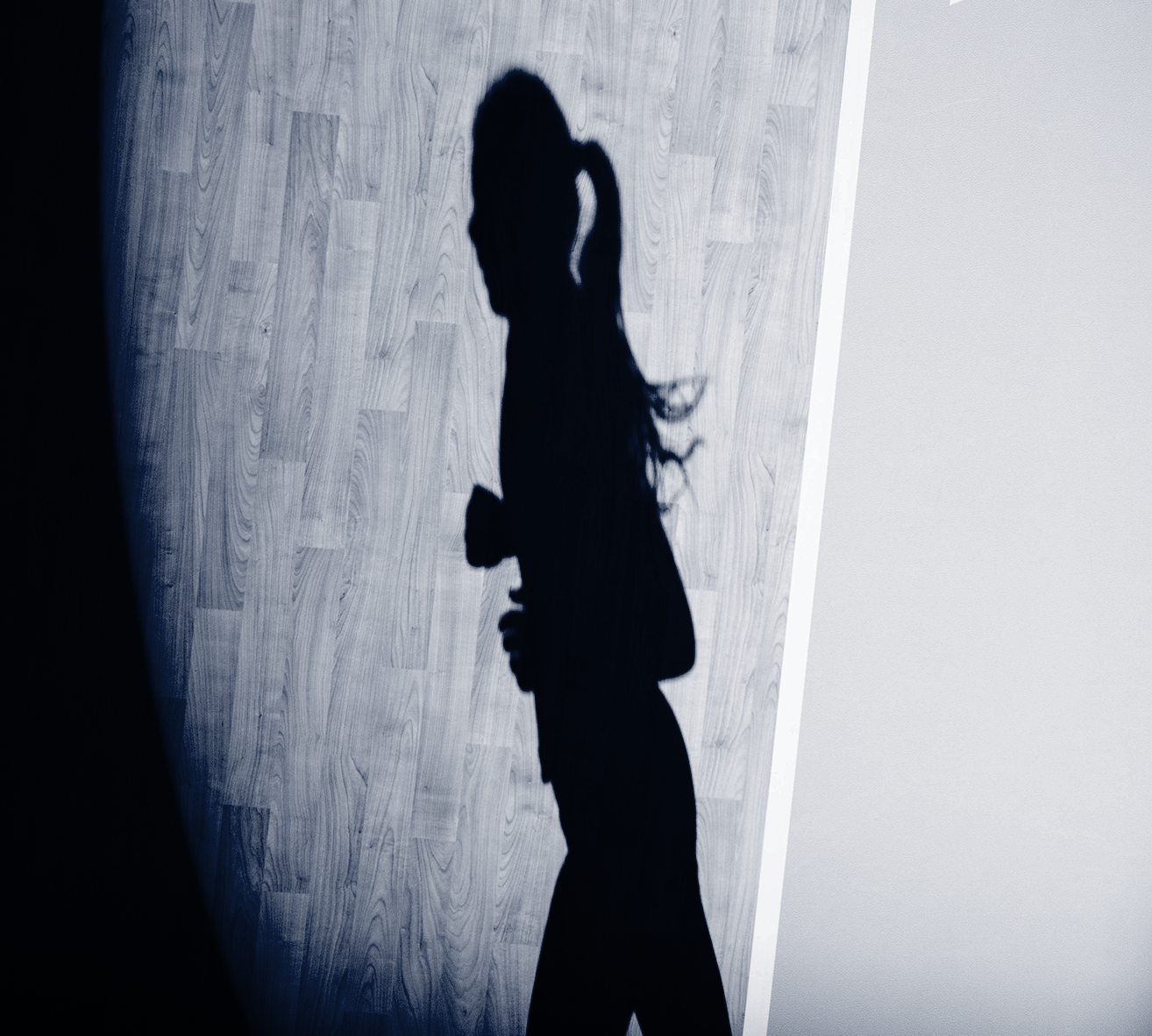 Shadow of a person with long hair and a bun, holding a bag, cast on a wooden floor.