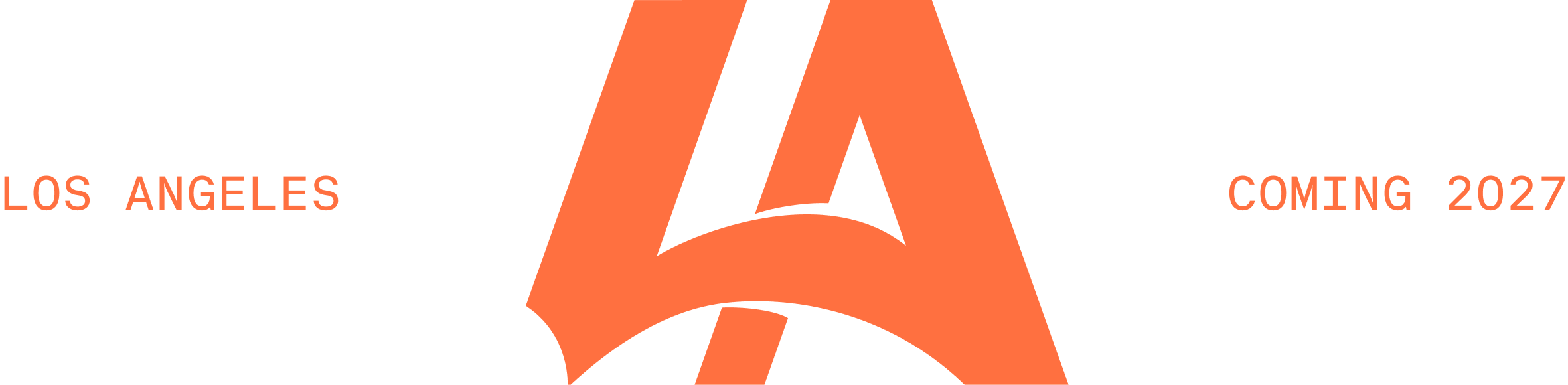 Text poster with the words 'LOS ANGELES COMING 2027' and a stylized orange 'A' in the center.