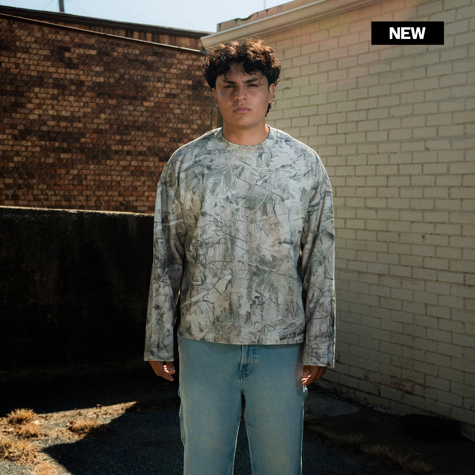 Think Biblically Camo Long Sleeve front, worn by model