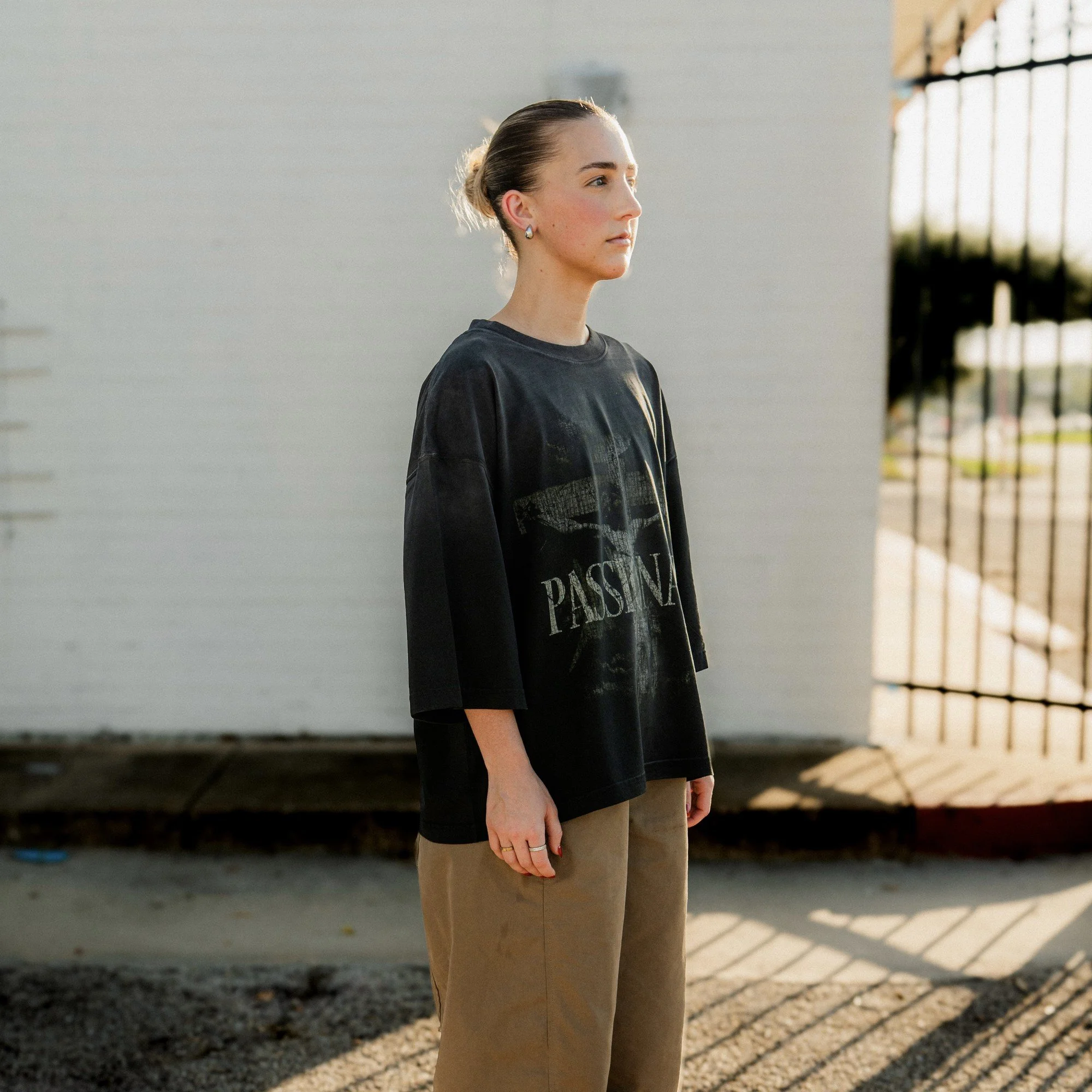 Passionate Tee three-quarter view, worn by model