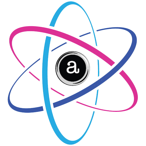 An abstract logo with a black circle featuring a white lowercase 'a' in the center, surrounded by colorful orbit-like rings in pink, blue, and purple.