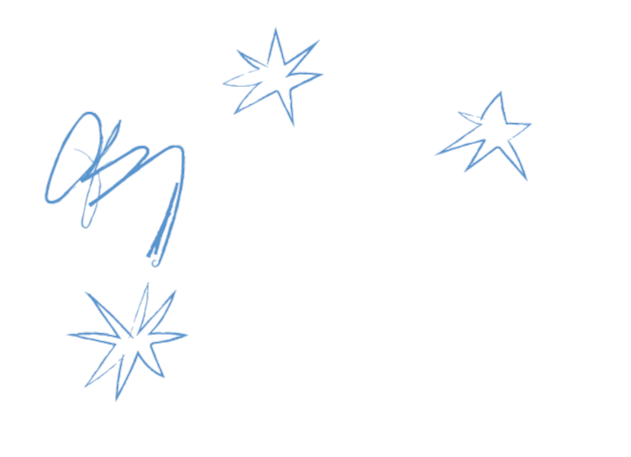 Sketch of three blue stars and a scribbled signature on a white and black background.