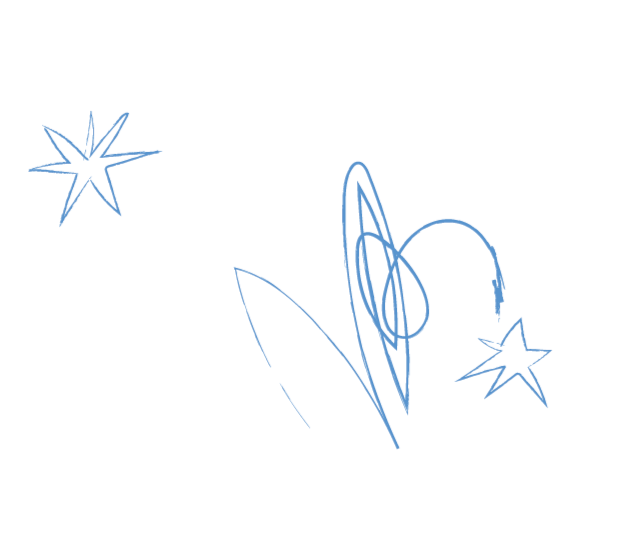 Blue abstract line drawing on white background with star shapes and swirling lines.