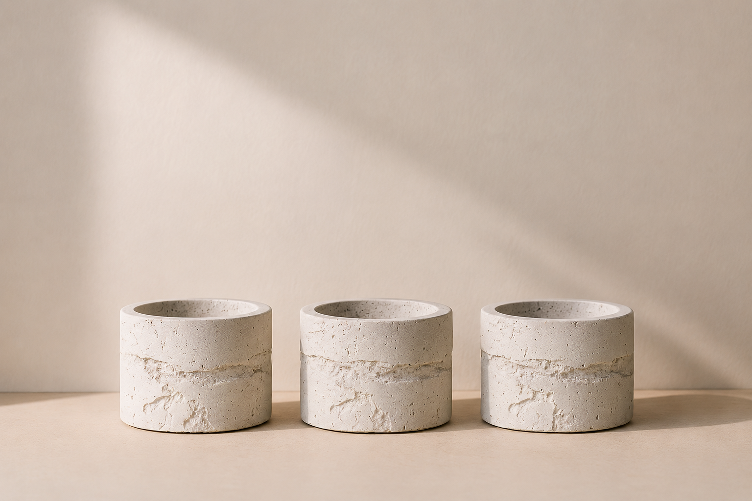 Três vasos de cimento brancos em linha reta sobre uma superfície clara, com sombra suave no fundo.