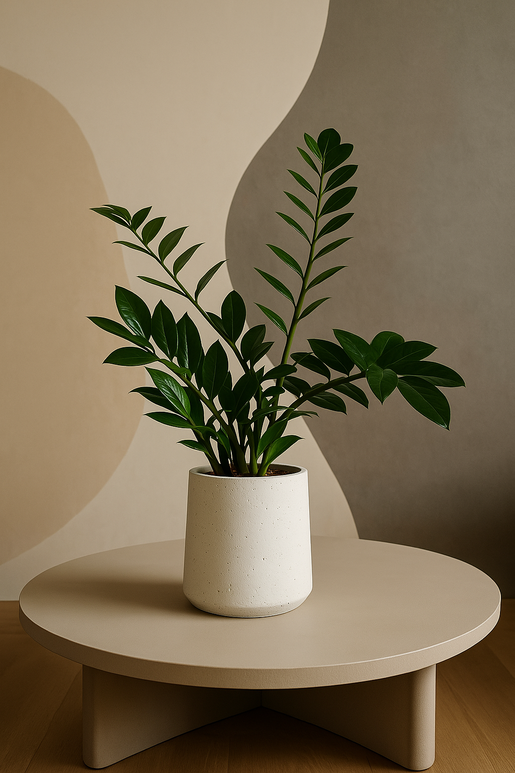 Planta verde em vaso branco sobre mesa de canto bege, com parede decorada de formas geométricas em tons neutros ao fundo.