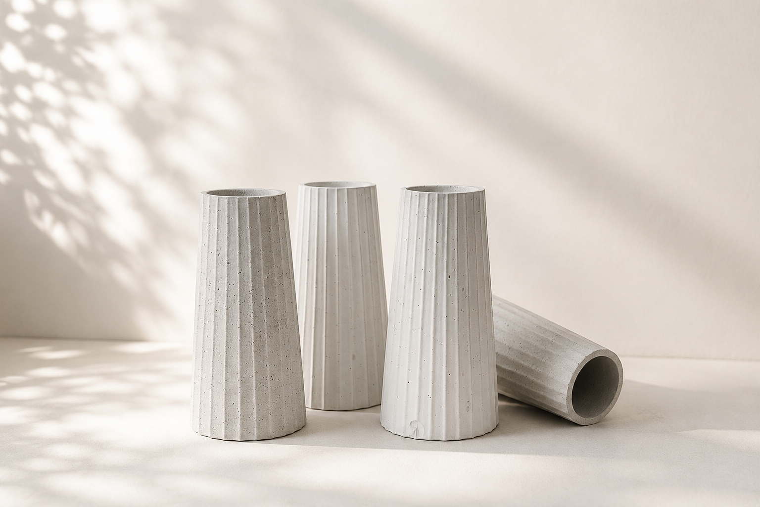 Quatro vasos de cerâmica cinza com acabamento ranhurado, de diferentes alturas, alinhados sobre uma superfície clara com sombra de folhas ao fundo.